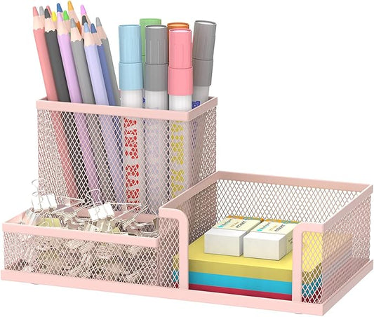SUPEASY Mesh Pen Holder Desk Organizer, Office Supplies Pencil Storage with 3 Compartments, Office Desk Accessories and Workspace Organizers for Home School, Pink