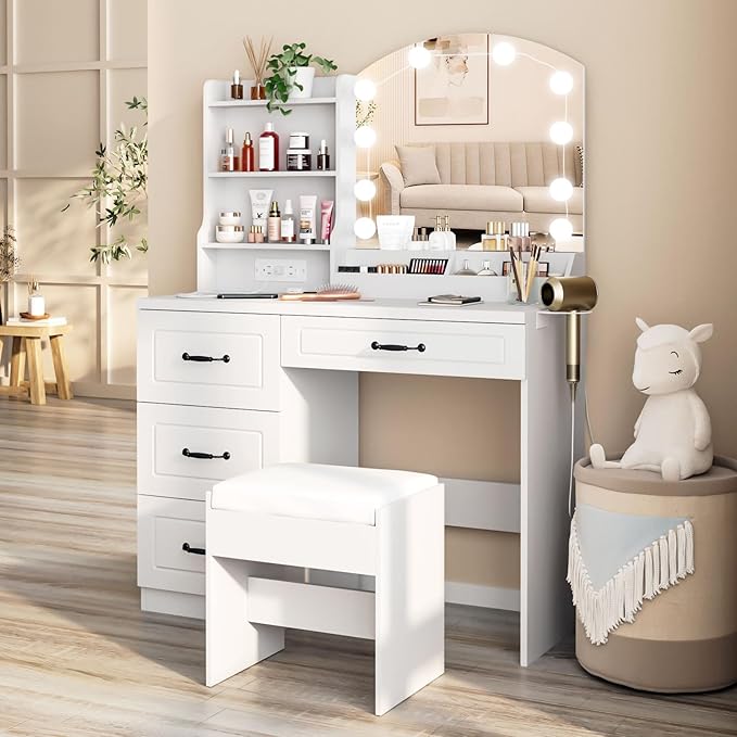 Vabches Makeup Vanity Desk with Lights and Charging Station, White Vanity Set Makeup Table with 4 Drawers Lots Storage, 3 Lighting Colors, Large Size 39.4in(W)