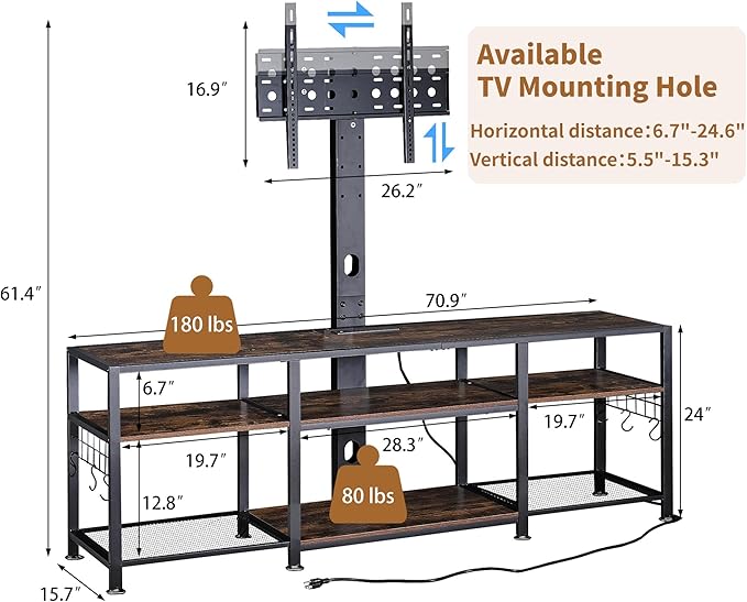 VECELO TV Stand with Mount and Power Outlet, Height Adjustable Entertainment Center with Storage Shelves for 55/65/70/75/80 inches Televisions, Console Table for Living Room, Bedroom, Rustic Brown