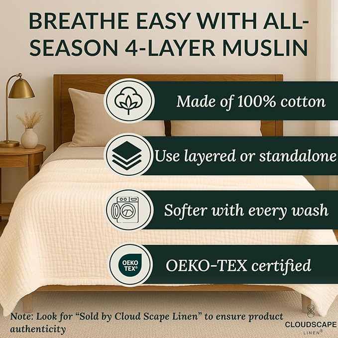 Soft 4 Layer Muslin Cotton Blankets Queen Size for Bed, 100% Cotton Blanket for All Season, Pre-Washed Gauze, Best Summer Blanket, 92x92, Ivory