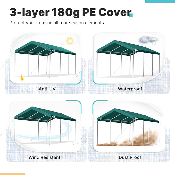 ADVANCE OUTDOOR 10x20 ft Heavy Duty Carport Potable Car Canopy Garage Party Tent Boat Shelter, Adjustable Height from 9.5 ft to 11 ft, Green