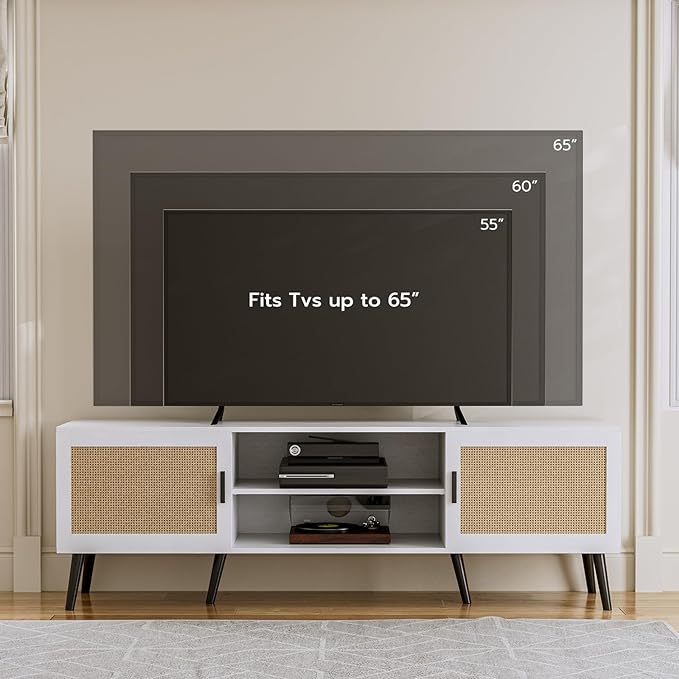 TV Stand for TVs up to 65'', Mid Century Modern Entertainment Center with Rattan Door, Shelves & 2 Cabinets, Boho Media TV Console for Living Room, Bedroom, White