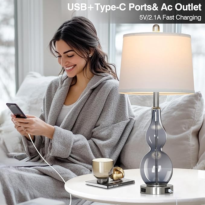 27.5" Gray Clear Glass Table Lamp Set of 2,3-Way Dimmable Touch Control Bedside Lamps with USB Ports and AC Outlet, Modern Nightstand Lamps for Bedroom Living Room