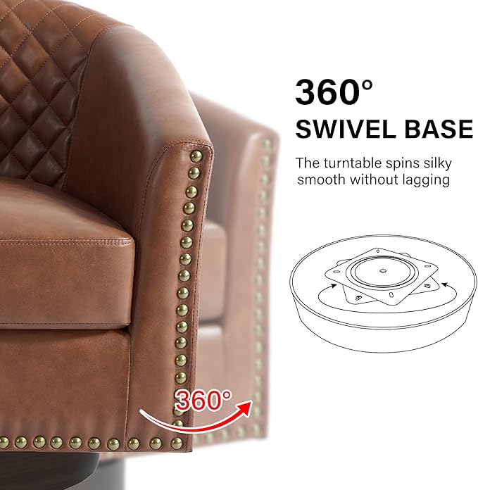 Swivel Barrel Accent Chair, Comfy Modern Upholstered Round Faux Leather Arm Chair for Living Room, Bedroom（Brown, Set of 4
