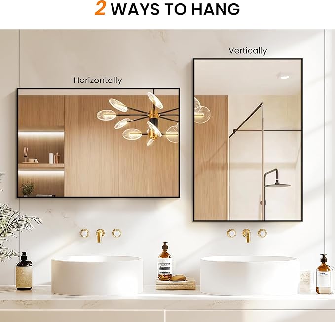 Bathroom Vanity Mirror for Wall, 36" x 24" Metal Framed Rectangular Bathroom Wall Mirror for Over Sink, HD Shatterproof Glass, Hangs Horizontally or Vertically(Black)