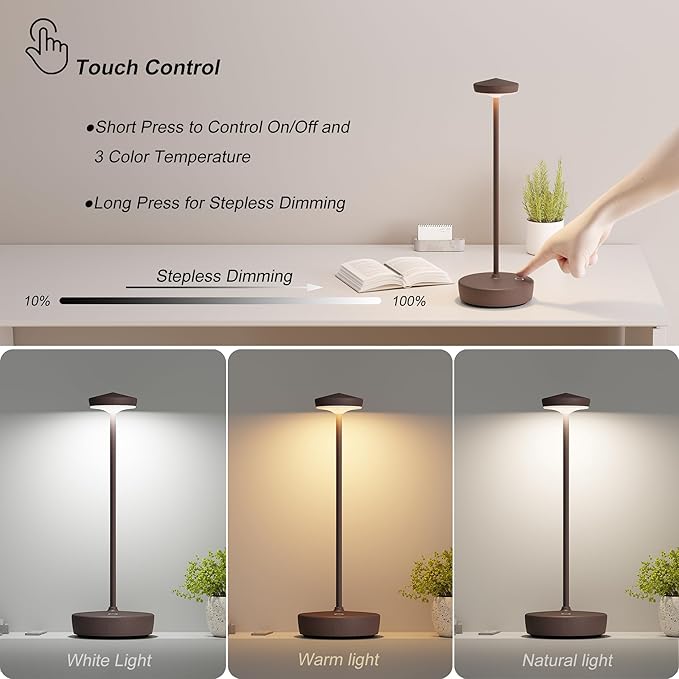 Cordless Table Lamp Rechargeable - LED Battery Table Light with 3 Color Temperatures, Stepless Dimming, Waterproof Aluminum for Indoor Outdoor, Patio, Restaurant, Dinner (Rust)
