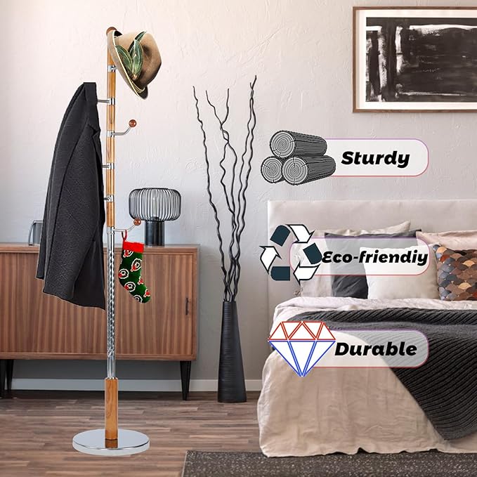 68 in Wood Coat Rack, Coat Rack Freestanding with Stable Round Base, Adjustable Height Tree Coat Racks Stand for Home Bedroom Office Hallway Entryway (Solid Wood Metal Hook)