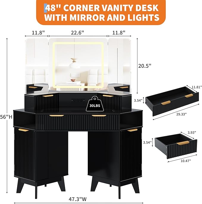 48 Inch Fluted Makeup Vanity Desk with Mirror and Lights, Modern Corner Makeup Vanity with Glass Top, Charging Outlet & 3-Panel Lighted Mirror, Dressing Table for Bedroom