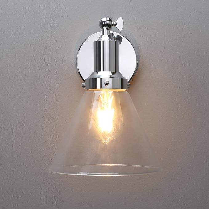 PERMO Industrial Vintage Slope Pole Wall Mount Single Sconce with Funnel Flared Clear Glass Shade Wall Sconce Light Lamp Fixtures (Chrome)