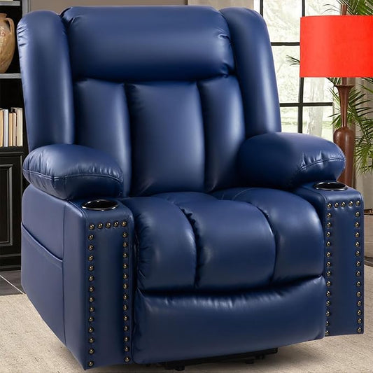 Large Power Lift Chairs Recliners for Elderly with Massage and Heat, Overstuffed Wide Lift Chair of Breathable Leather, OKIN Motor, USB-A & USB-C, 2 Cup Holder,2 Side Pocket Blue