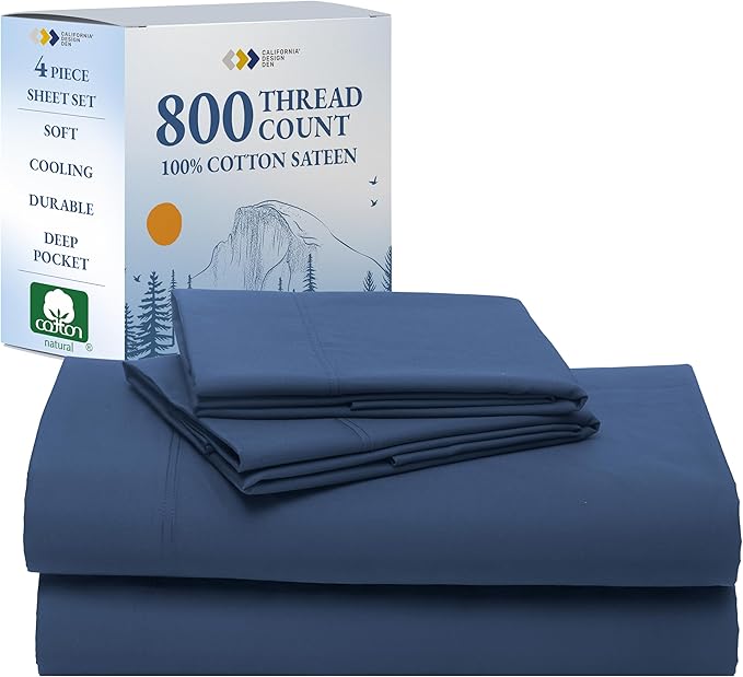California Design Den King Size Sheets Set Cotton - Luxury Hotel 800 Thread Count Sateen, Natural 100% Cotton King Bed Sheets, Deep Pockets with Anti-Skid Elastic, Cool and Durable - Navy Blue