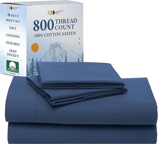 California Design Den King Size Sheets Set Cotton - Luxury Hotel 800 Thread Count Sateen, Natural 100% Cotton King Bed Sheets, Deep Pockets with Anti-Skid Elastic, Cool and Durable - Navy Blue