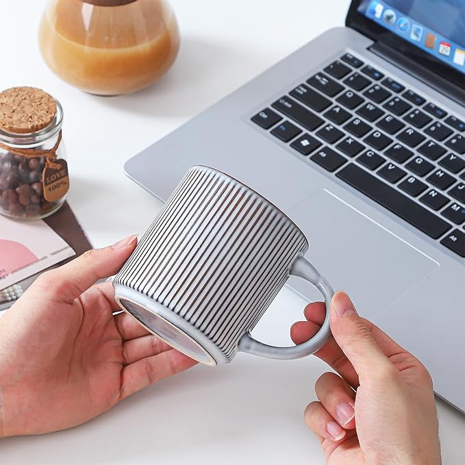 Coffee Mugs Set of 4, 12 OZ Ceramic Coffee Mugs with Handle, Vertical Stripes Coffee Cups Set for Latte/Tea/Cocoa/Milk, Microwave and Diahwasher Safe (Smoky Blue)