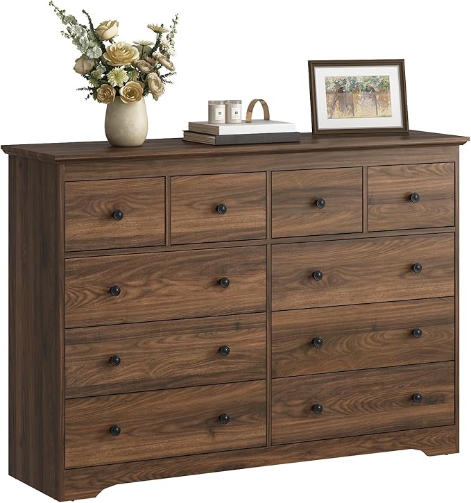 LYNSOM Modern 10 Drawer Dresser, 55.1" Wide Dressers & Chests of Drawers with Large Capacity Storage, Wood Mid Century Storage Dressers Organizer for Bedroom, Hallway, Brown