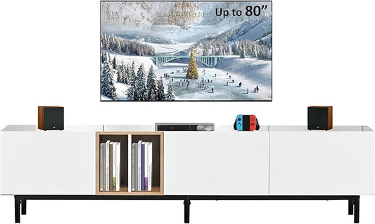 Merax Modern TV Entertainment Center with 3 Cabinets & Open Shelves, Wood TV Stand for TVs Up to 80” for Living Room Bedroom (White)