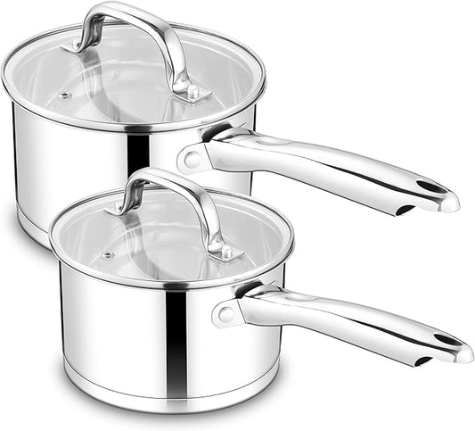 TeamFar Saucepan with Lid, 1QT & 2QT Stainless Steel Sauce Milk Pan with Tri-ply Bottom for Induction/Gas/Electric/Ceramic, Healthy & Heavy Duty, Mirror Finish & Straight Side, Dishwasher Safe