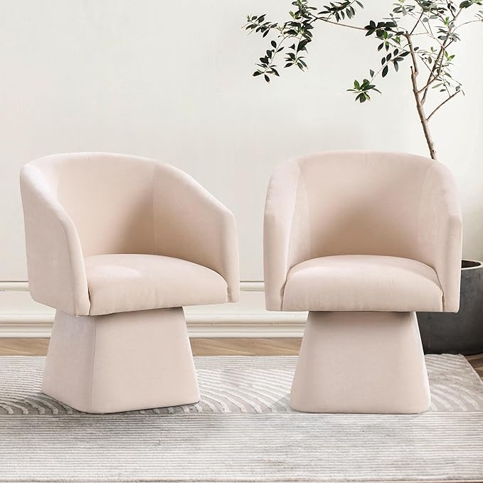 Swivel Modern Accent Chair,Luxury Fabric Upholstered Makeup Chair Comfy Barrel Chair with No Wheels,360°Rotating Vanity Armchair for Living Room Bedroom Office (White,Set of 2)