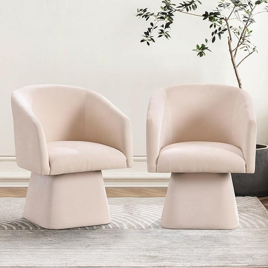 Swivel Modern Accent Chair,Luxury Fabric Upholstered Makeup Chair Comfy Barrel Chair with No Wheels,360°Rotating Vanity Armchair for Living Room Bedroom Office (White,Set of 2)