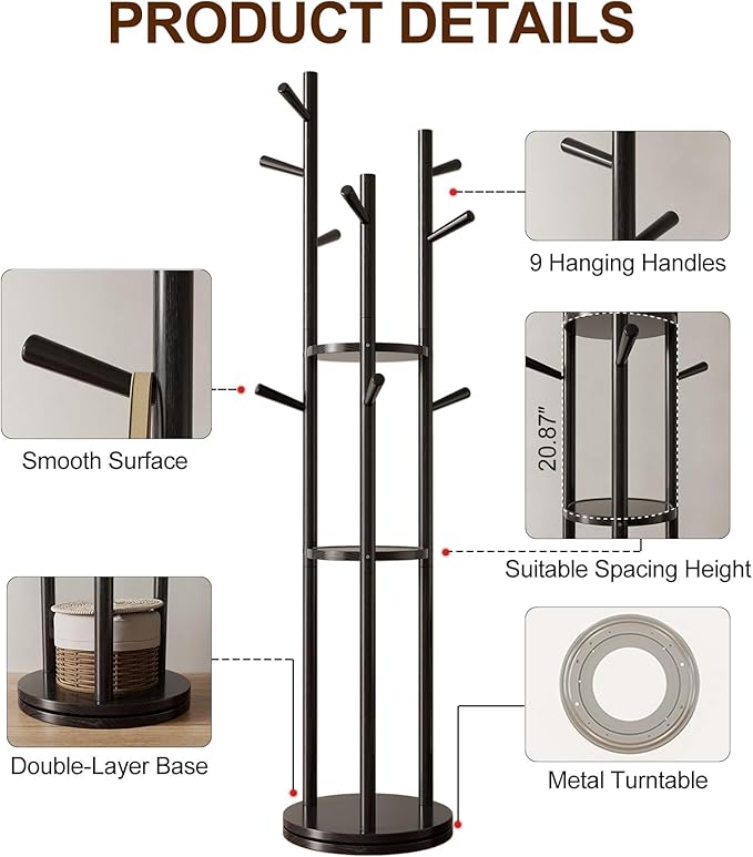 Solid Wood Rotary Coat Rack, Freestanding Coat Rack with 3 Shelves and 9 Hooks, Coat tree for Bedroom, Entryway, Livingroom, Coat Hanger Stand for Coats, Scarves, Handbags (Black)