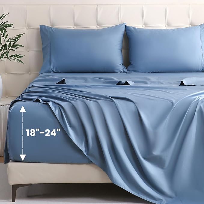 Bedlifes Queen Sheet Set, Extra Deep Pocket 18-24 Inches,1000Thread Count 100% Egyptian Cotton, Soft and Breathable Sateen 4-Piece,Mineral Blue