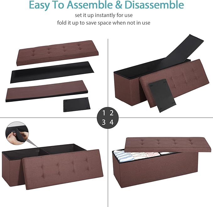 SUPER DEAL 43 Inches Folding Storage Ottoman Bench, Linen Footrest with Divider Foam Padded Seat Long Storage Chest Box for Living Room Bedroom Entryway, 660 lbs Capacity 15" x 43" x 15" Brown