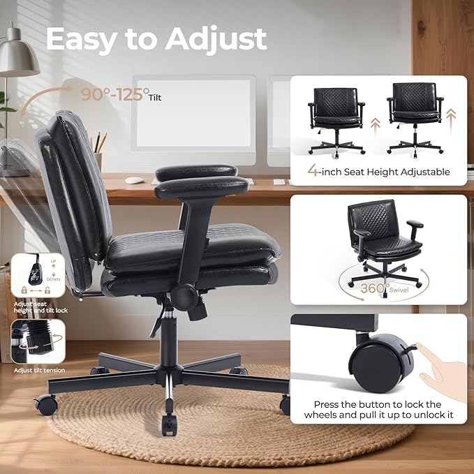 Criss Cross Chair with Flip-Up Arms and Lockable Wheels, Leather Cross Legged Office Desk Chair，Wider 125°Tilting Adjustable Swivel Computer Chair for Home, Apartment, Bedroom,Black 1