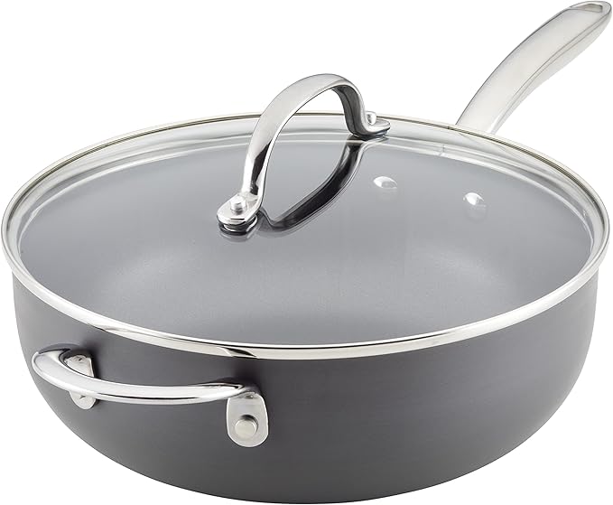 Rachael Ray Professional Hard Anodized Nonstick Sauce Pan/Saucepan/Saucier with Helper Handle and Lid, 4 Quart - Gray