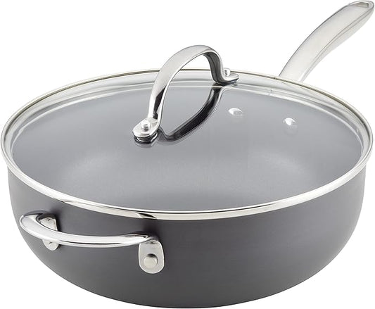 Rachael Ray Professional Hard Anodized Nonstick Sauce Pan/Saucepan/Saucier with Helper Handle and Lid, 4 Quart - Gray
