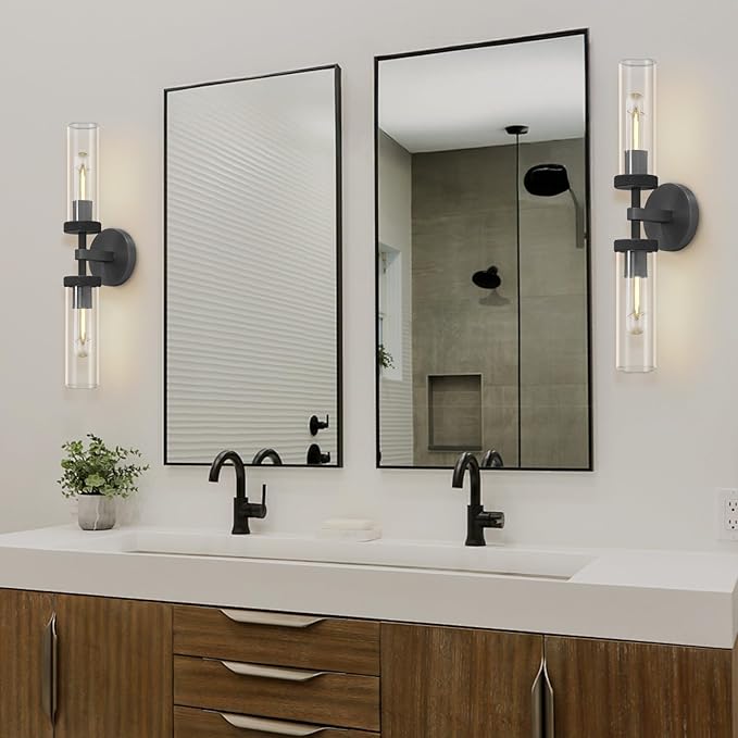 Bathroom Wall Sconce Hardwired, Black Wall Sconces, 20.5" Vanity Lights Over Mirror, Linear Wall Sconce Dimmable, Bathroom Light Fixtures Glass Tube, Bronze Wall Sconces Interior Sconces Wall Lighting