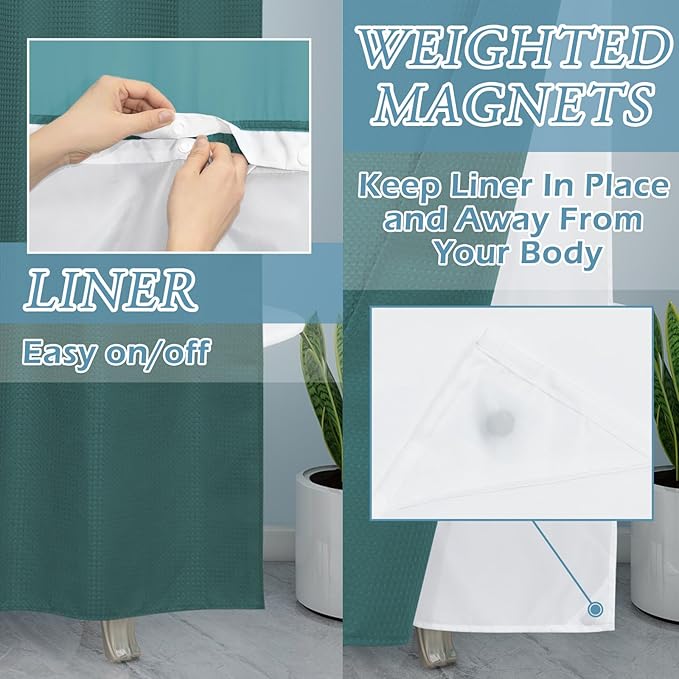 Seaweed Green Stall No Hook Shower Curtain with Snap in Liner,230GSM Waffle Weave Shower Curtains for Bathroom,54W x 80H