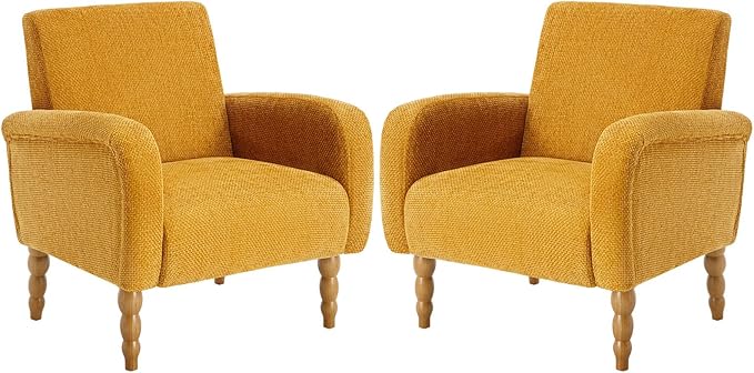 Chenille Fabric Accent Chairs Set of 2, Upholstered Armchair with Solid Wood Legs, Modern Living Room Accent Chair, Comfy Single Sofa Reading Club Chair for Bedroom Reception Lounge, Yellow