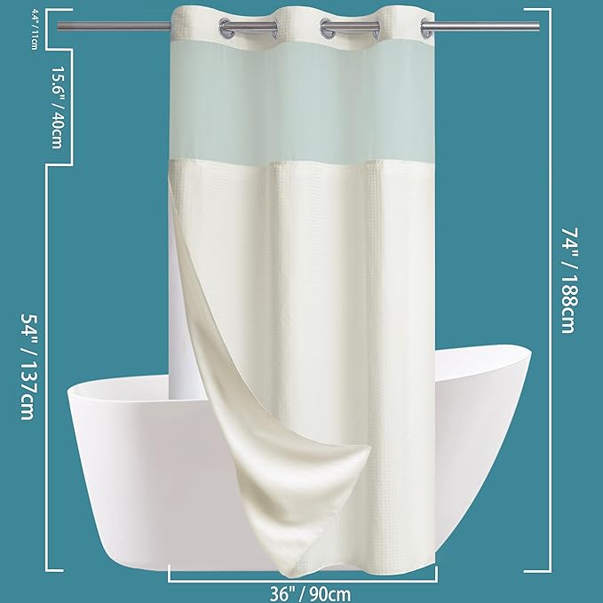 Conbo Mio Stall No Hook Waffle Weave Shower Curtain with Snap in Liner Set, Hotel Luxury Beige Shower Curtains for Bathroom with See Through Top Window, Waterproof, Washable 36W x 74H