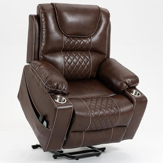 Oversized Power Lift Recliners, Lift Recliner Chairs with Heat and Massage for Elderly, Comfortable Extra Wide Recliner Features Cup Holder for Big and Tall Men (Brown Leather)