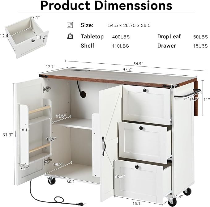 Farmhouse Kitchen Island Breakfast Bar with Drop Leaf, Power Outlet, Rolling Island Cart on Wheels Unfold Table with 3 Drawer, Srotage Cabinet, Spice Rack, Towel Rack(White)