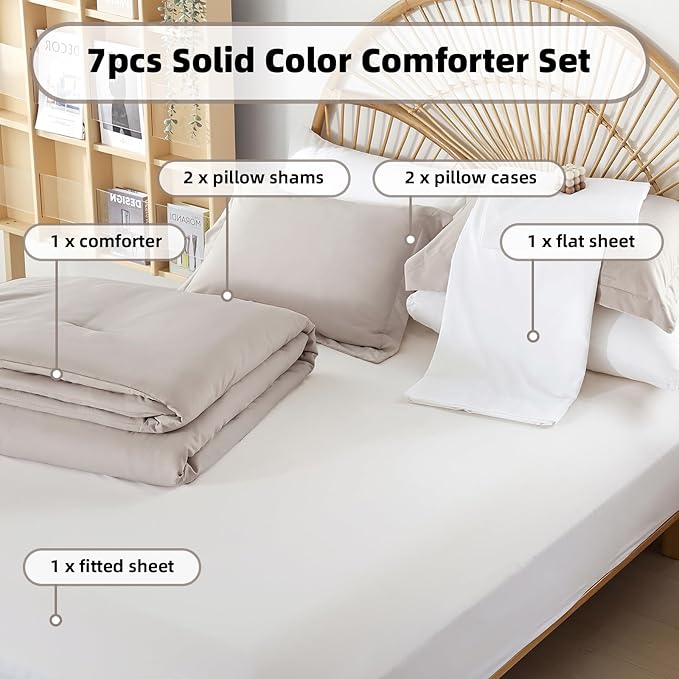 weigelia Queen Comforter Set 7 Pieces Bed Comforter Linen Grey Comforter Queen Size Bed in a Bag Queen Bedding Set with Fitted Sheets, Flat Sheets, Pillow Shams, and Pillowcases