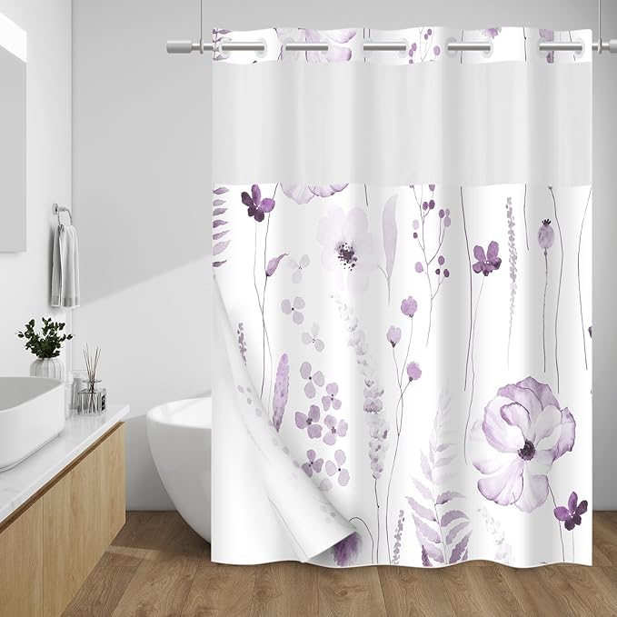 No Hook Shower Curtain with Snap in Liner - Floral Shower Curtain - Fabric Waterproof Inner Liner, Plants Watercolor Plum Modern Cloth Shower Curtains - Machine Washable, 71 x 74