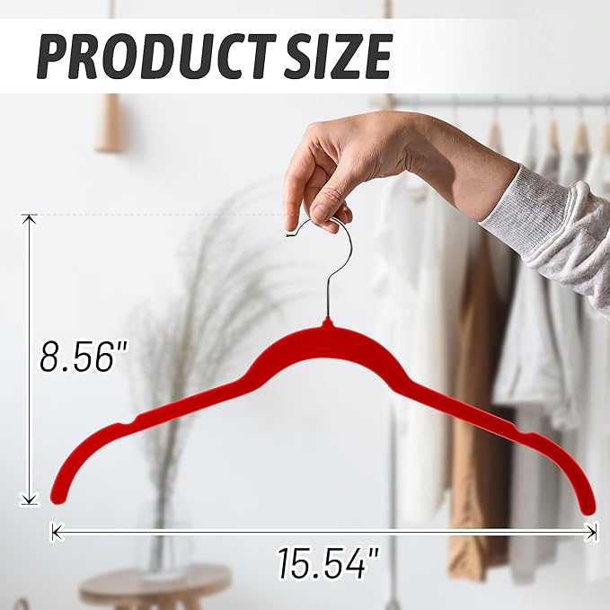 Velvet Hangers 50 Pack – Slim Non-Slip Flocked Hangers with 360° Swivel Hook, Space-Saving Closet Organizer for Dresses, Blouses, Coats(Red)