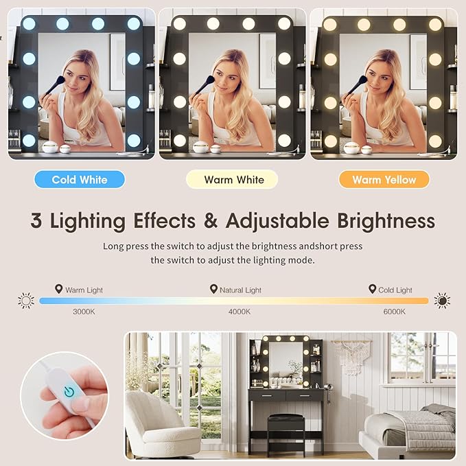 Maupvit Vanity Desk with Mirror and Lights,Makeup Vanity Table Set with Power Outlet,3 Lighting Modes & Adjustable Brightness Dressing Table with 2 Drawers for Bedroom Dressing Room,Black