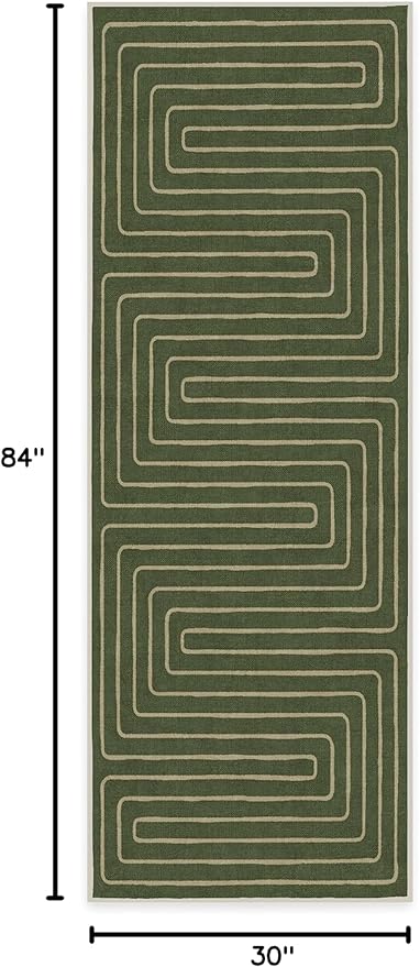 RUGGABLE x Jonathan Adler Machine Washable Modern Runner Rug – Labyrinth Fern Green 2.5x7, Stain-Resistant, Non-Slip – Washable Rug for Hallway, Entryway, Living Room & Kitchen–with Cushioned Pad