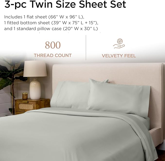 Threadmill Luxury 800 Thread Count Twin 100% Cotton Sheets - Light Grey Sateen Weave Bed-Sheets, Better Than Egyptian Cotton,3 Pc Solid Soft Bedding Set, Fits 15" Deep Pocket