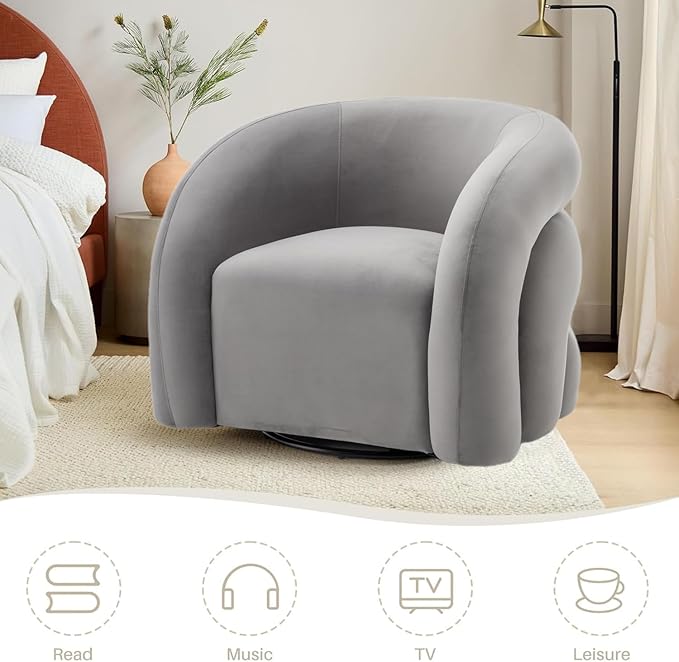 34.6" Velvet Swivel Accent Chair, Modern Round Armchair for Living Room,Upholstered Comfy Sofa Barrel Chairs for Bedroom Reading Apartment Lounge,Fully Assembled(Grey)