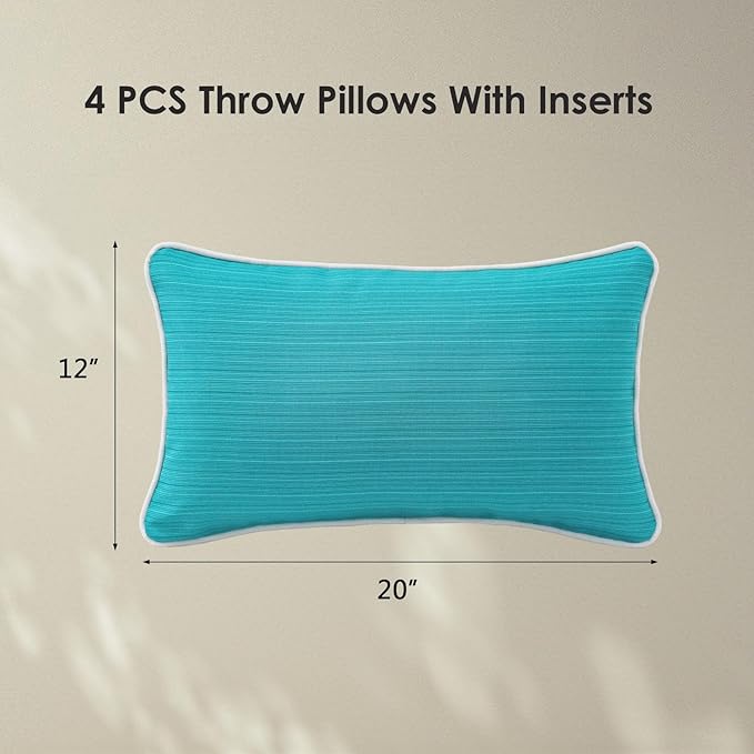 Decorative Outdoor Water Repellent Throw Pillows with Inserts, Set of 4, 20" x12" Pillows for Patio, Backyard, Bed, Couch, and Patio Furniture, Turquoise