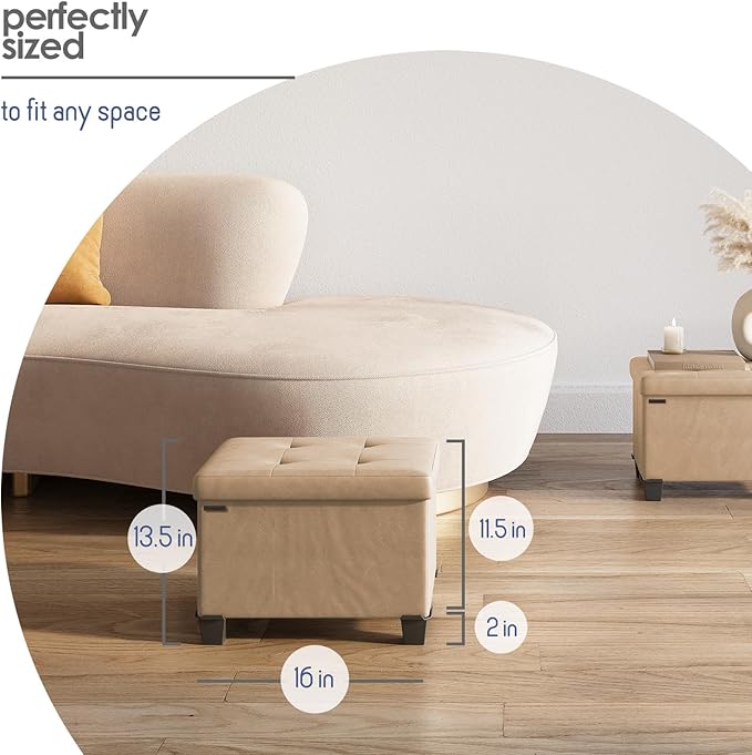 STORAGEBUD Storage Ottoman Cube with Small Bin, 16-in Square Ottoman with Storage for Living Room and Bedroom, Small Ottomans Foot Rest, Faux Leather Foot Stools Ottomans Max 330lbs, Taupe