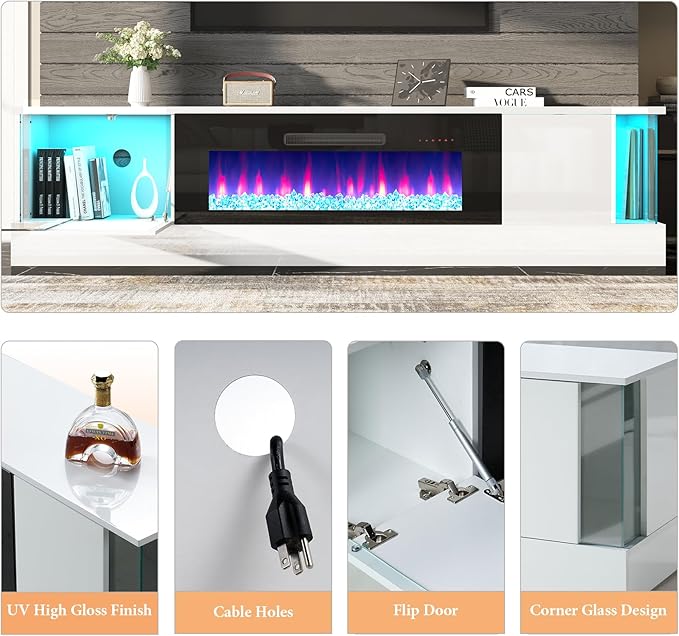 AMERLIFE High Gloss Fireplace TV Stand with 40" Fireplace, 80" LED Lights Entertainment Center with Flip Doors & Corner Glass Decor, Modern TV Console Table for TVs up to 90", Living Room, White