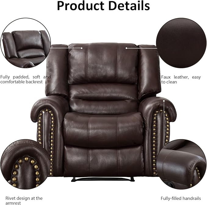 INZOY Leather Recliner Chair, Heavy Duty Manual Reclining Sofa Single Lounge Sofa for Living Room, Home Theater Seating, Brown