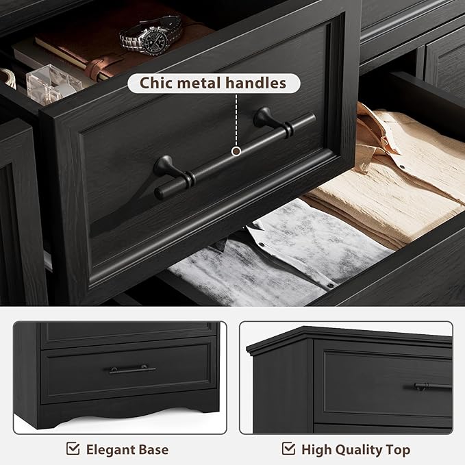 Black Dresser for Bedroom, 10 Drawer Dresser, 59" Wide Chest of Drawers w/Brushed Metal Handle, Wood Closet Organizers and Storage Cabinet for Bedroom, Living Room, Hallway