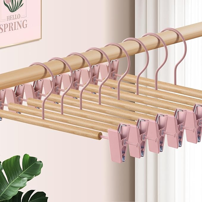 Wooden Pants Hangers with Clips 20 Pack Adjustable Wood Skirt Hangers for Women&Men Space Saving Closet Non Slip Clothes Hanger for Jeans,Trousers,Short,12Inch Pink