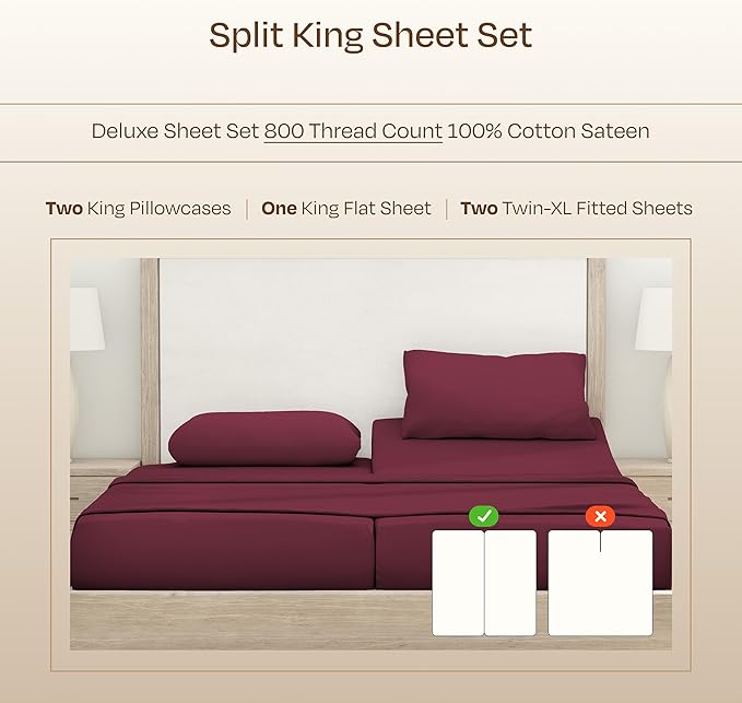 California Design Den Split King Sheets Set - Luxury Hotel 800 Thread Count Sateen, Soft and Natural 100% Cotton Sheets, Deep Pockets with Anti-Skid Elastic for a Snug Fit, Cool and Durable - Red Wine