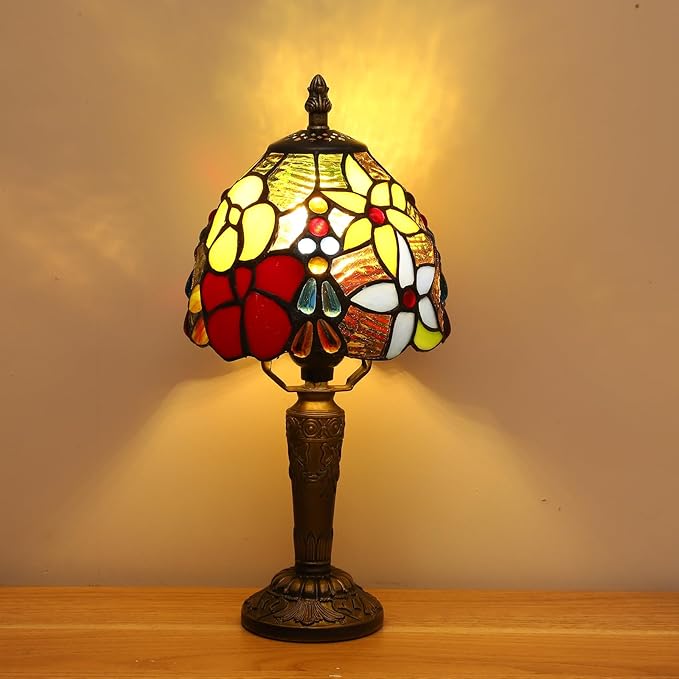 Tiffany Style Small Table Lamp,Rose Flower Stained Glass 3 Color Temperature Antique Table Lamps,Bedside Nightstand Lamp for Bedroom,Living Room,Home Office, Include LED Bulb,6X6X12.5Inch