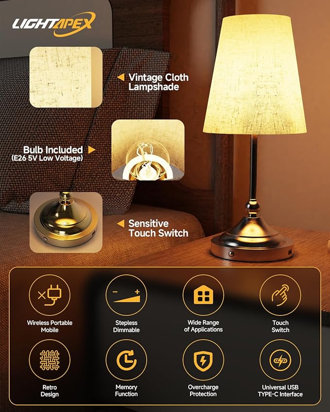 Lightapex Vintage Small Cordless Table Lamps with Stepless Dimming, Portable Rechargeable Bedside Lamps with Touch-Control for Bedroom, Living Room, and Reading, Cone(Brassy)